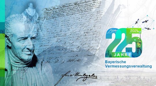 Links ein Portrait von Graf Montgelas, rechts der Schriftzug 225 Jahre Bayerische Vermessungsverwaltung